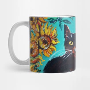 SUNFLOWERS WITH BLACK CAT IN BLUE TURQUOISE YELLOW COLORS Mug